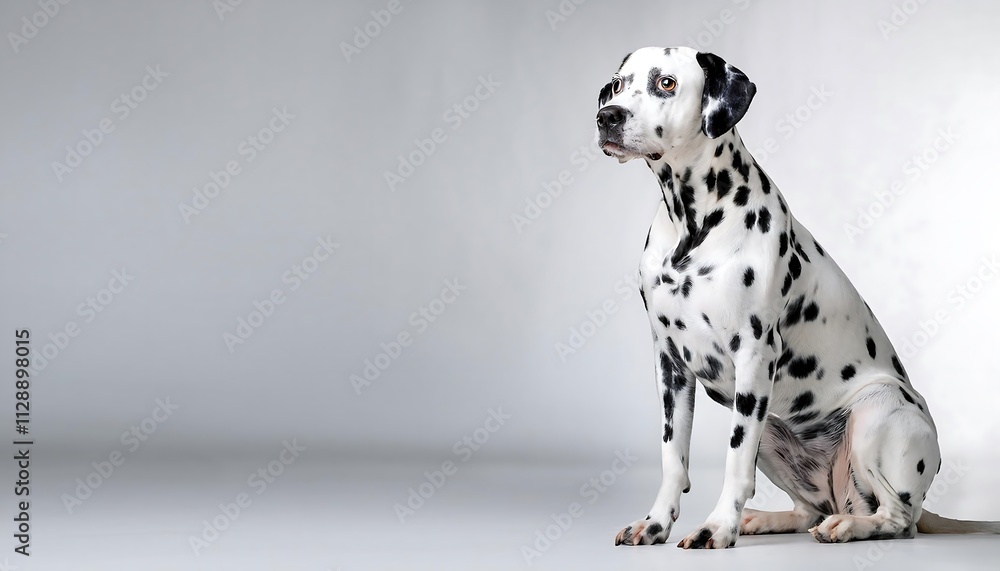 A Dalmatian dog sitting against a neutral background. A Dalmatian dog sitting against a neutral background.