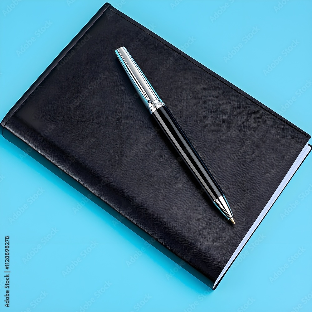 Elegant Black Notebook with Silver Pen on Vibrant Blue Background for Professional Use and Creative Ideas Elegant Black Notebook with Silver Pen on Vibrant Blue Background for Professional Use and Creative Ideas