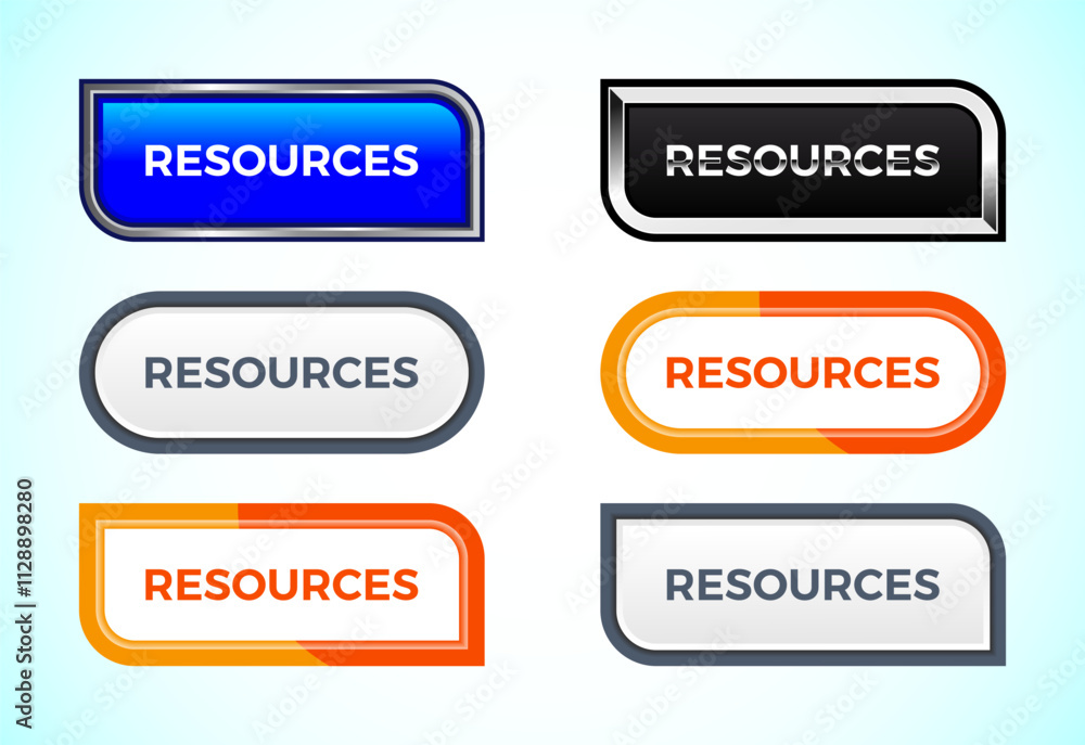 Resources button set of different shapes and colors. Suitable for mobile app, and website UI design. Resources button set of different shapes and colors. Suitable for mobile app, and website UI design.