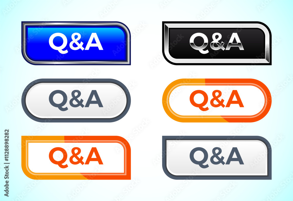 Q&A button set of different shapes and colors. Suitable for mobile app, and website UI design. Q&A button set of different shapes and colors. Suitable for mobile app, and website UI design.