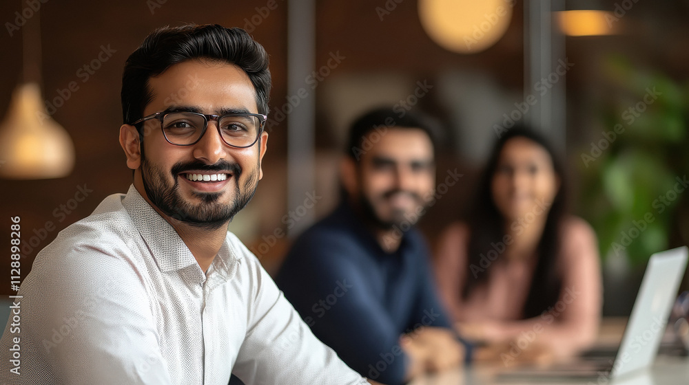 Indian employee sitting in his desk smiling stress free with his colleague and his manager in a corporate office Indian employee sitting in his desk smiling stress free with his colleague and his manager in a corporate office
