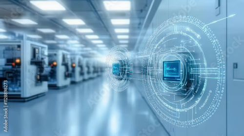 High-tech semiconductor manufacturing facility showcasing advanced machinery, digital interfaces, and futuristic technology in a clean, well-lit environment.
