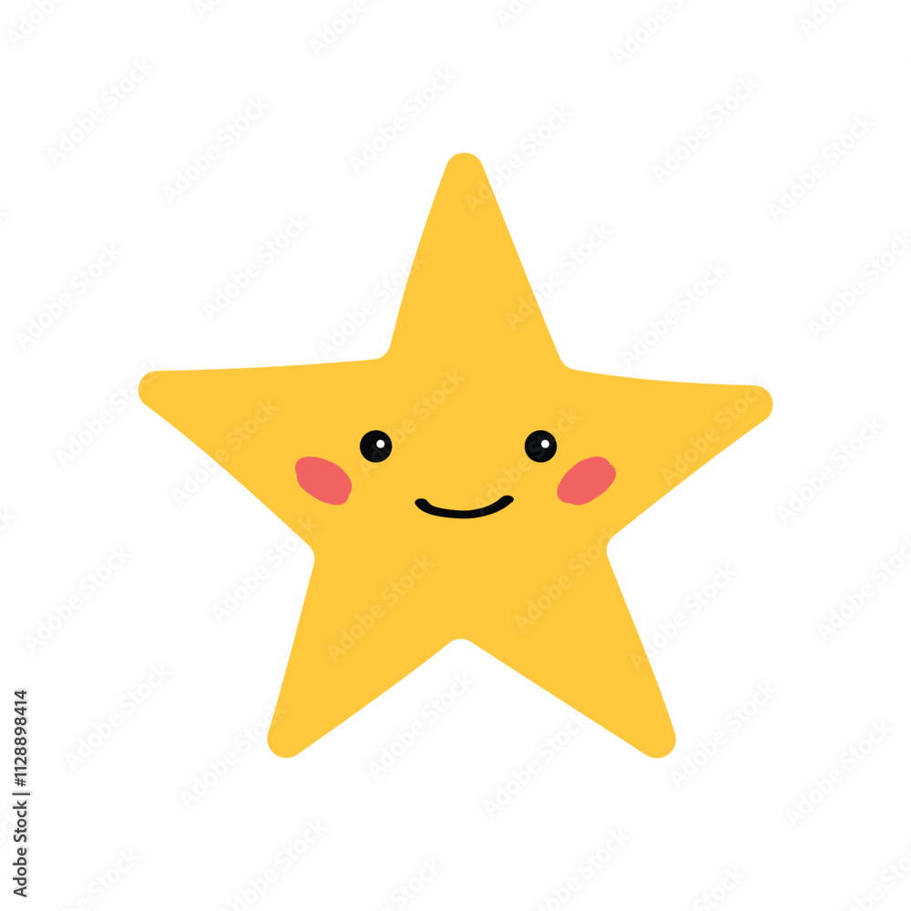 Simple and cute yellow star with a sweet smile and rosy cheeks. Ideal for children’s products, holiday designs, or fun illustrations. star, yellow. Vector isolated on a white background. Simple and cute yellow star with a sweet smile and rosy cheeks. Ideal for children’s products, holiday designs, or fun illustrations. star, yellow. Vector isolated on a white background.