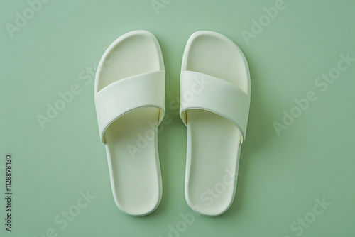 Top view of white slippers placed on a light green background, flat layer style, highlighting details. photo