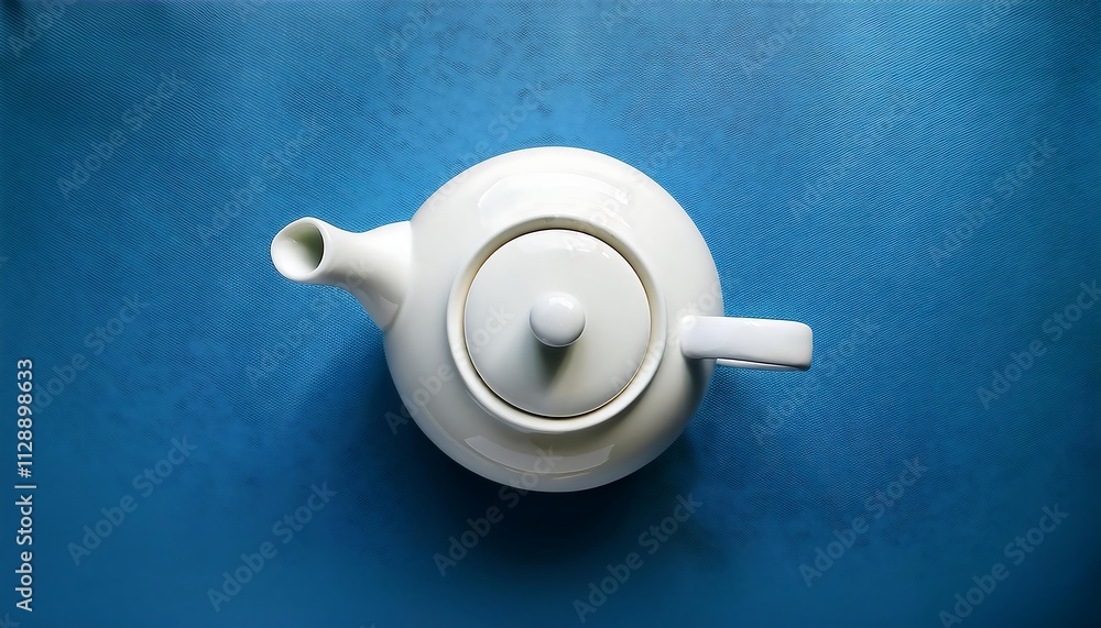 A white teapot on a blue background. A white teapot on a blue background.