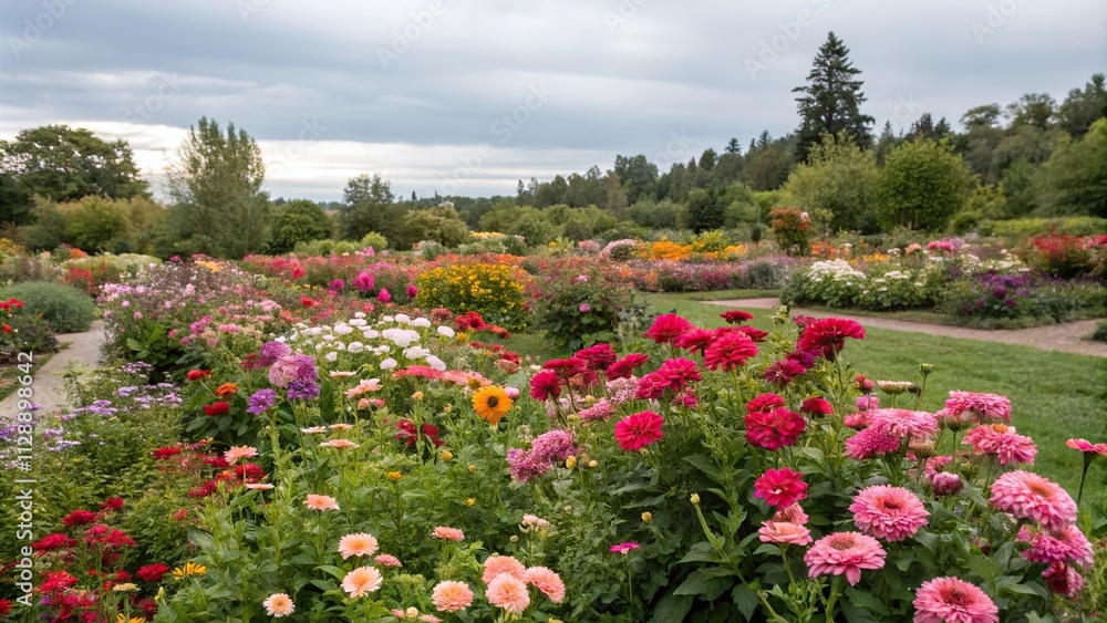 Colorful garden with mixed flower blooms, lilies trumpet-shaped, lavender Colorful garden with mixed flower blooms, lilies trumpet-shaped, lavender