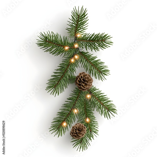 Fresh Green Pine Branches with Pine Cones and Warm Christmas Lights Isolated on White Background