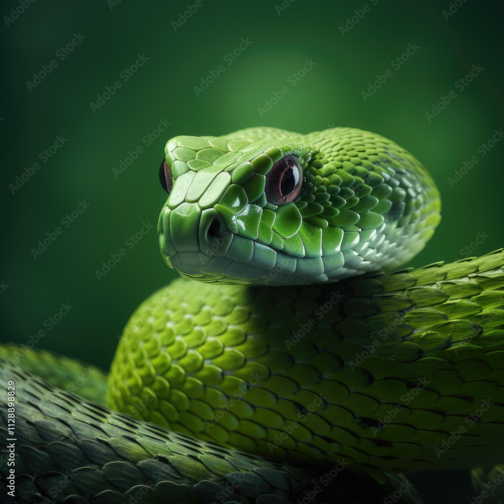 Obraz premium Detailed close-up of a green snake with intricate scales, blending seamlessly with a vivid green background, highlighting its natural beauty.