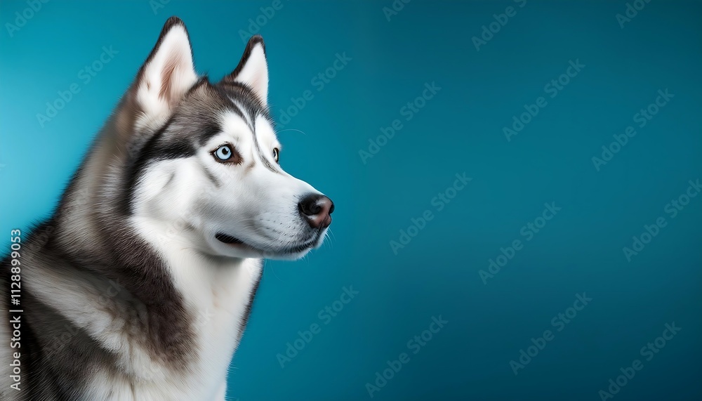 A close-up of a Siberian Husky against a blue backdrop. A close-up of a Siberian Husky against a blue backdrop.