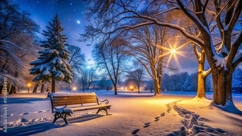 Cozy Winter Night Scene: A Quiet Park Bench Surrounded by Snow and Softly Glowing Streetlights, Inviting Reflection and Peaceful Solitude in a Serene Winter Wonderland
