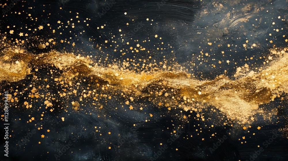 Glittering stars cascading over a bold black-and-gold themed celebration banner Glittering stars cascading over a bold black-and-gold themed celebration banner