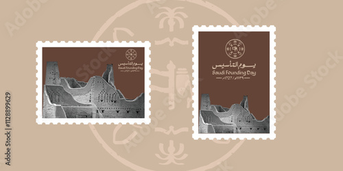 Print Translation: Saudi Founding Day. Historic Diriyah Postage Stamps Celebrating Saudi Founding Day - February 22, 1727 photo