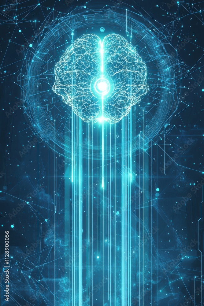 Futuristic blue digital brain illustration on a network background Futuristic blue digital brain illustration on a network background