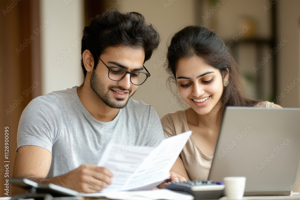 Indian modern couple looking at documents and using calculator, sitting in front of laptop on table in room Indian modern couple looking at documents and using calculator, sitting in front of laptop on table in room