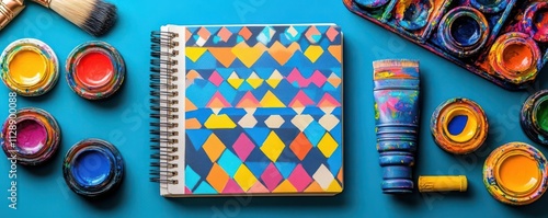 Diary adorned with colorful geometric motifs, placed in an art studio alongside vibrant paints and brushes, artistic expression photo