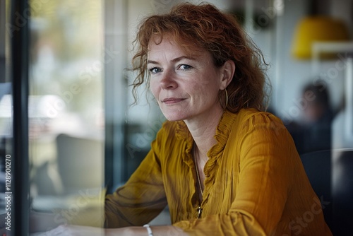 Stylish woman in mustard blouse, working confidently at a desk in a busy, modern office, glass walls, natural light, colleagues around, focused and professional expression 3 photo