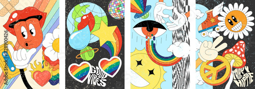 Psychedelic hippie poster collection with retro wallpapers. Groovy 60s and 70s inspired bold patterns featuring vibrant abstract art and vintage decorative designs