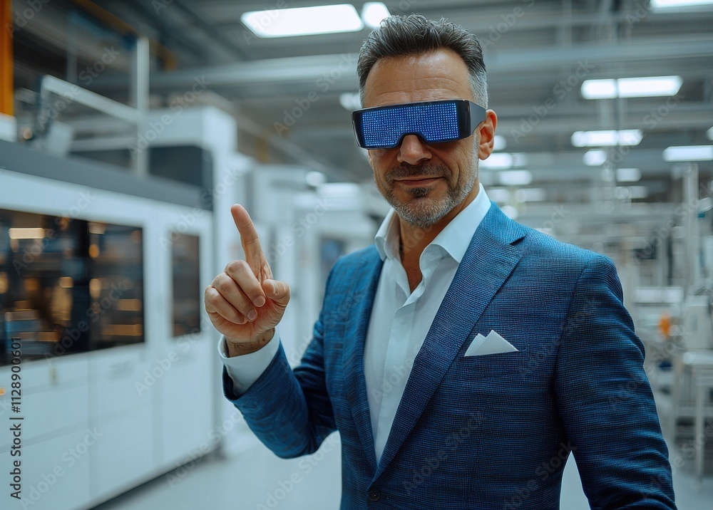 Businessman in blue suit using advanced AR glasses in tech environment Businessman in blue suit using advanced AR glasses in tech environment