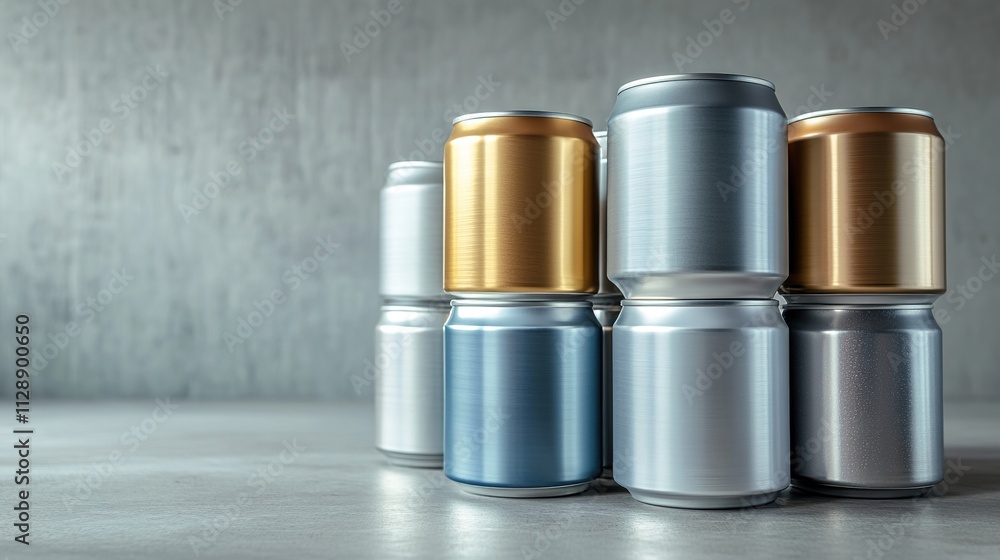 Stacks of metal cans with colorful lids on gray surface Stacks of metal cans with colorful lids on gray surface