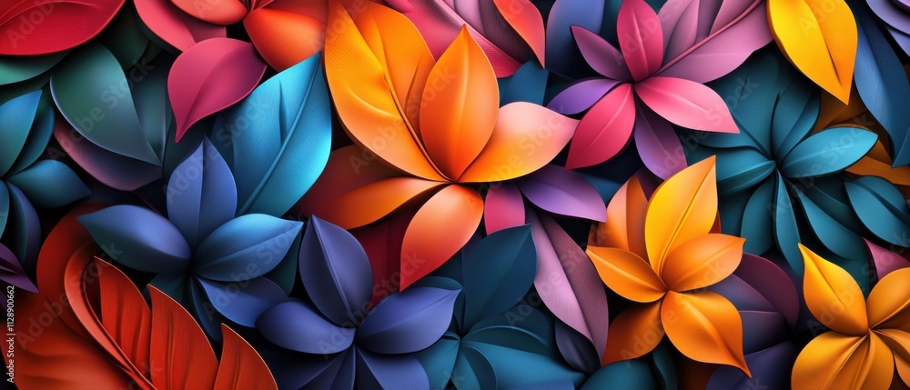 Vibrant 3D Render of Colorful Paper Flowers and Leaves Vibrant 3D Render of Colorful Paper Flowers and Leaves