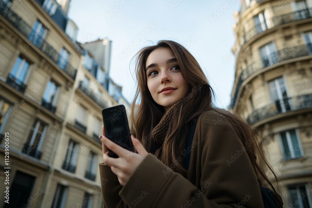 Fototapeta premium Slavic girl with long brown hair, taking a picture with her smartphone on a Paris street, historical buildings, clear sky, happy expression, close-up of her face, morning light 4