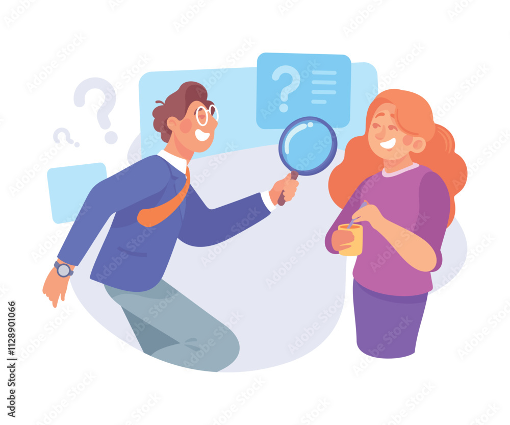 Search with Man and Woman Character with Magnifier Vector Illustration Search with Man and Woman Character with Magnifier Vector Illustration