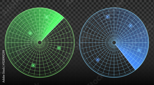 Military radar screen with targets. Mockup isolated on transparent background. Vector template