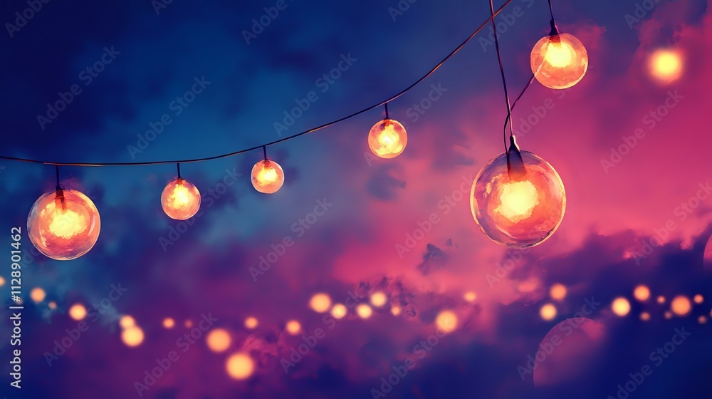 Vibrant carnival lights glowing against a deep magenta and navy blue dusk sky Vibrant carnival lights glowing against a deep magenta and navy blue dusk sky