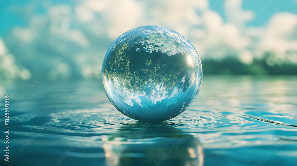 A Glass Orb Reflecting Earth Floats Gently On Water A Glass Orb Reflecting Earth Floats Gently On Water