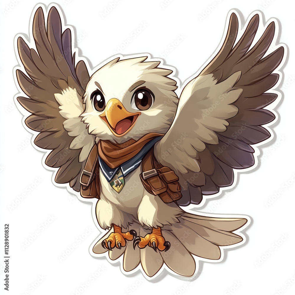 Fototapeta premium Adorable cartoon hawk wearing a backpack, soaring.