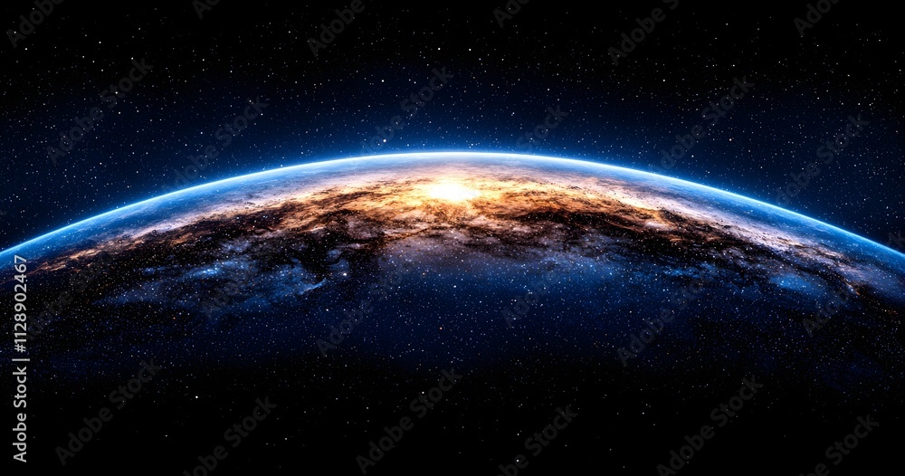 Majestic View of Earth’s Atmosphere with Brilliant Starry Night Sky and Glowing Horizon at Dawn Majestic View of Earth’s Atmosphere with Brilliant Starry Night Sky and Glowing Horizon at Dawn