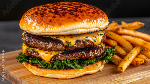 Delicious double cheeseburger with melted cheese, fresh lettuce, and crispy fries, served on a wooden platter. photo