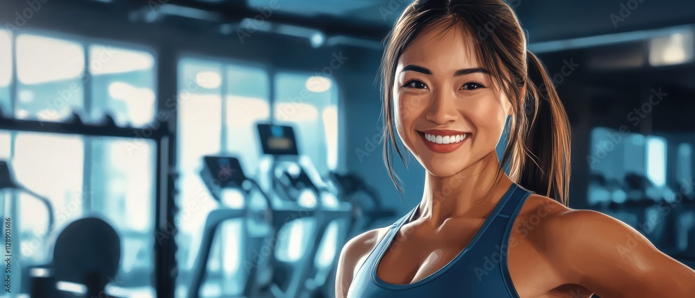 Confident Smiling Asian Woman Fitness Model in Modern Gym Confident Smiling Asian Woman Fitness Model in Modern Gym