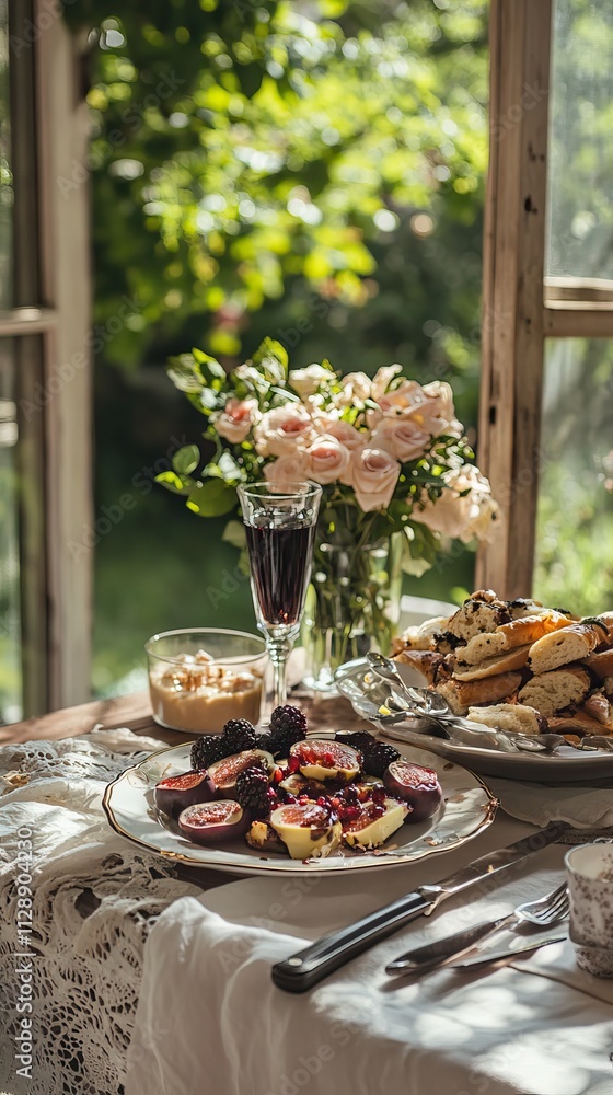 A beautifully arranged table showcases a vibrant plate of vegan food, fresh ingredients, and a bouquet in a sunlit garden A beautifully arranged table showcases a vibrant plate of vegan food, fresh ingredients, and a bouquet in a sunlit garden
