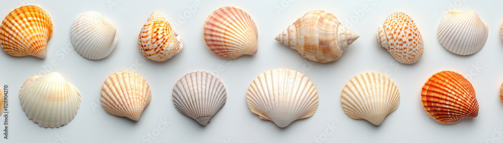 A neat arrangement of various colorful seashells on a white background, showcasing their unique shapes and textures in two horizontal rows. A neat arrangement of various colorful seashells on a white background, showcasing their unique shapes and textures in two horizontal rows.