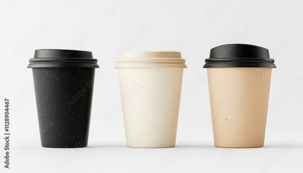 Mockup of three coffee cups with different lid styles and colors Mockup of three coffee cups with different lid styles and colors