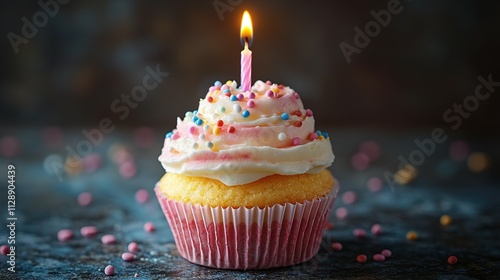 A Single Birthday Cupcake With A Lit Candle