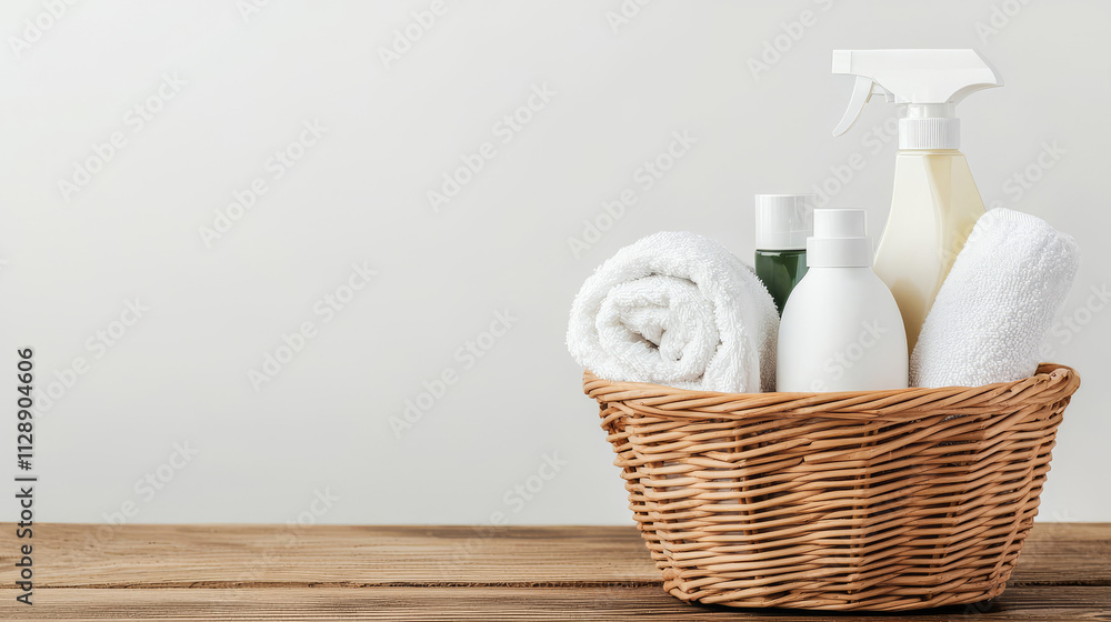 Cleaning products in a woven basket, on a wooden background. Cleaning products in a woven basket, on a wooden background.
