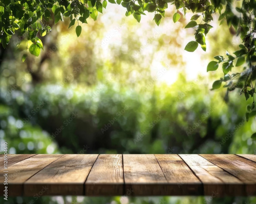 Wooden table in front of blurred sunny green garden background. Wooden table in front of blurred sunny green garden background.