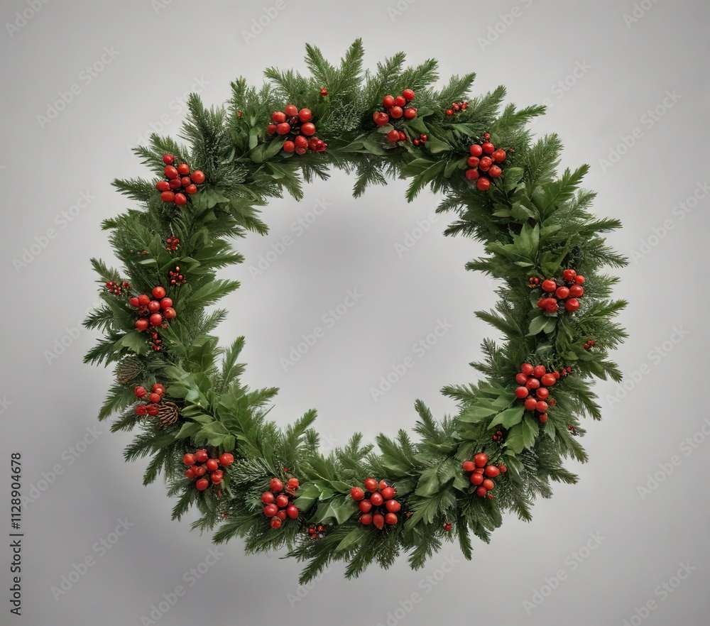 Festive holiday wreath made of evergreen and holly, festive decor, evergreen wreath, greenery Festive holiday wreath made of evergreen and holly, festive decor, evergreen wreath, greenery