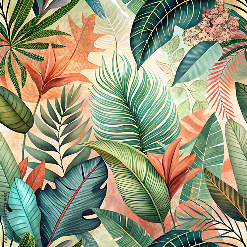 A vibrant tropical leaf pattern with green and orange hues. photo