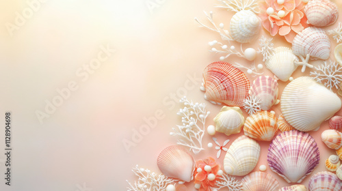 A soft, pastel arrangement of various seashells and coral on a light background, creating a serene and beach-inspired aesthetic.