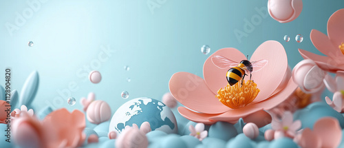Bee on Pink Flower with Earth Globe.