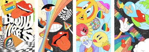 Hippie style retro posters showcasing psychedelic wallpapers. Vibrant 60s and 70s inspired abstract art with bold groovy patterns and colorful decorative vintage elements