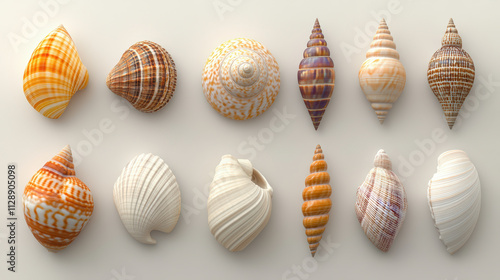 A collection of twelve diverse seashells, showcasing various shapes, patterns, and colors, neatly arranged in two rows against a plain background.