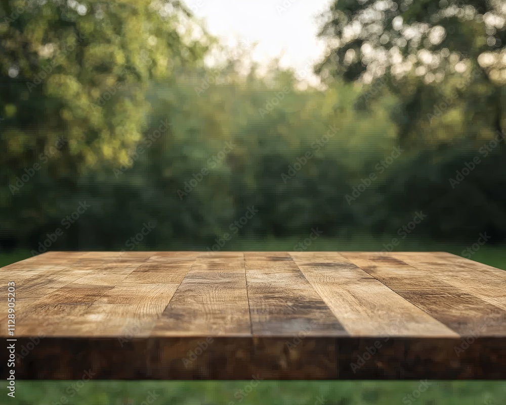 Empty wooden table against blurred green park background. Empty wooden table against blurred green park background.