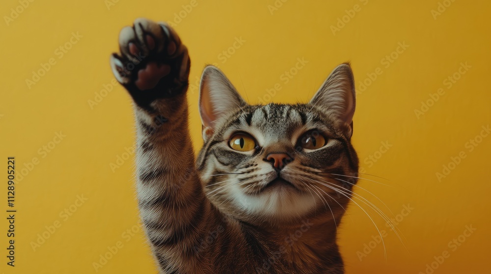 A chubby cat playfully raises one paw, showcasing a lively expression set against a bright yellow backdrop, radiating warmth and fun A chubby cat playfully raises one paw, showcasing a lively expression set against a bright yellow backdrop, radiating warmth and fun