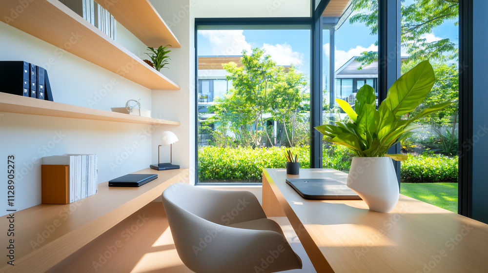 Fototapeta premium Modern home office with garden view through large windows.
