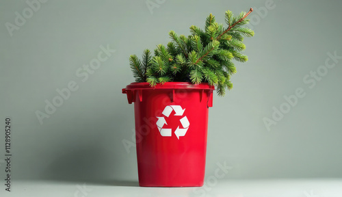 Christmas tree in red trash bin with recycling sign on gray background. Holiday cleanup concept, garbage disposal