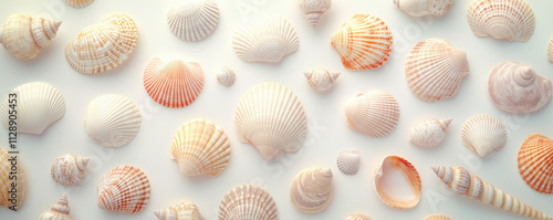 An arrangement of various seashells in different shapes and subtle pastel colors displayed against a light background, creating a serene, beach-inspired aesthetic.